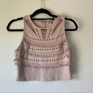 CHARLOTTE RUSSE FAUX SUEDE FRINGE LASER-CUT CROP